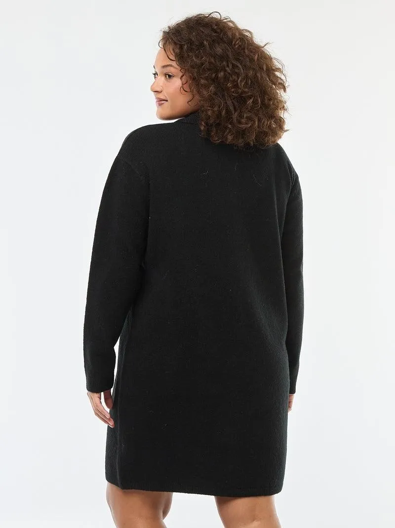 Abito maglia pesante con bottoni dorati sul collo - Nero