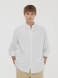 Camicia coreana a righe effetto lino maniche regolabili Var celeste