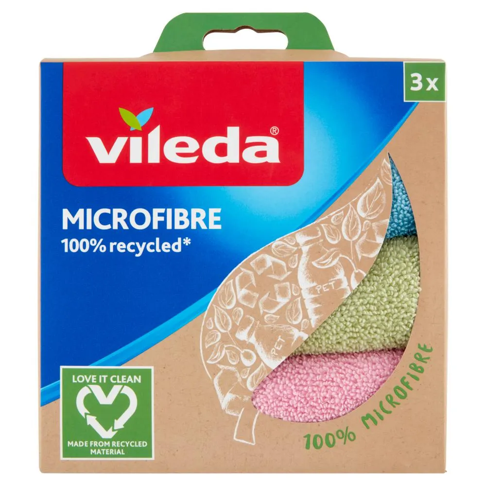 Vileda Microfibra 100% Riciclato, panno ideale per pulire efficacemente tutte le superfici. 3x
