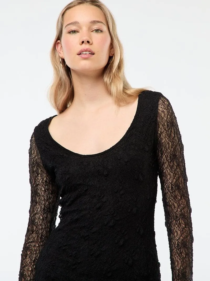 Abito in pizzo tinta unita a maniche lunghe - Nero