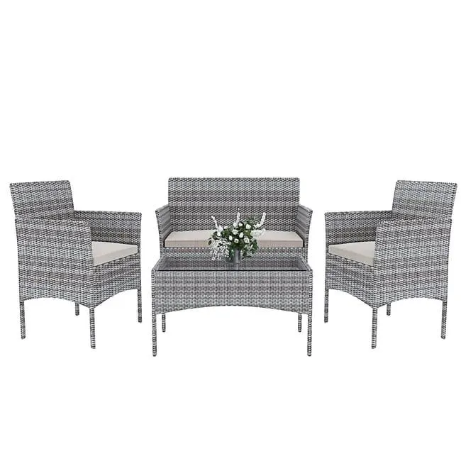 Set Di Mobili da Giardino Salotto Salottino in Rattan 4 Posti con Tavolino Ripiano In Vetro 2 Poltrone Divano 2 Posti Giardino Esterno Cuscini Grigio