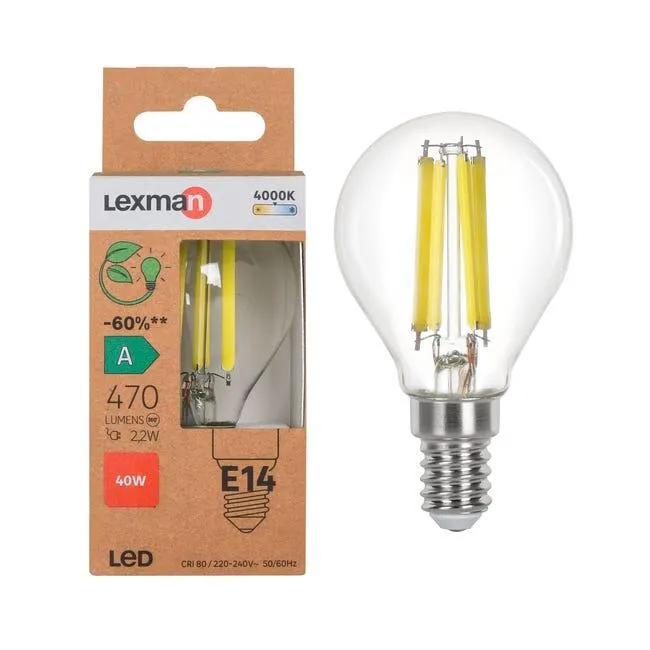 Lampadina LED filamento, E14 sferico, trasparente, 2.2W= 470 LM (equiv 40 W), classe energetica A, LEXMAN