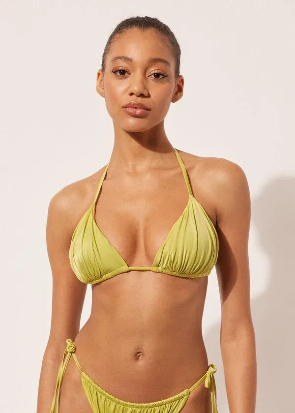 Removable Padding Triangle Swimsuit Top Shiny Satin