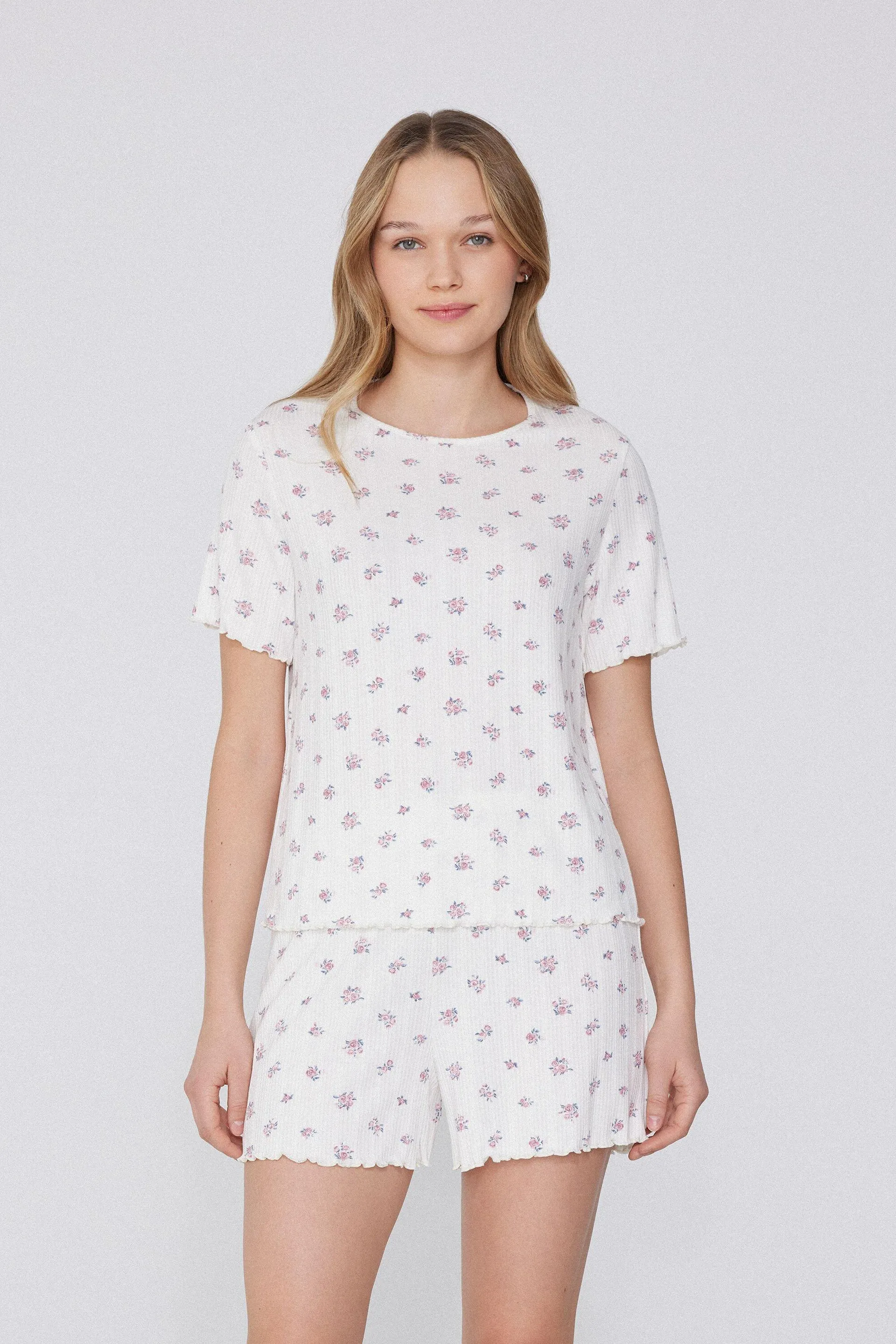 Pigiama Corto Mezza Manica Costine Fiori