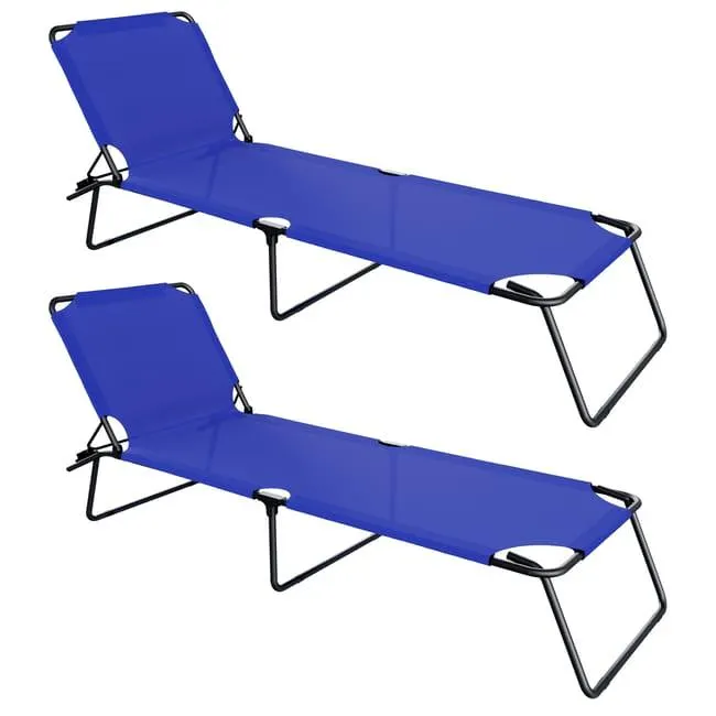 Coppia Di Lettini Pieghevoli Prendisole Senza Tettuccio Parasole Schienale Reclinabile Regolabile Struttura Metallo Sedia Sdraio 187x53x24Cm Blue