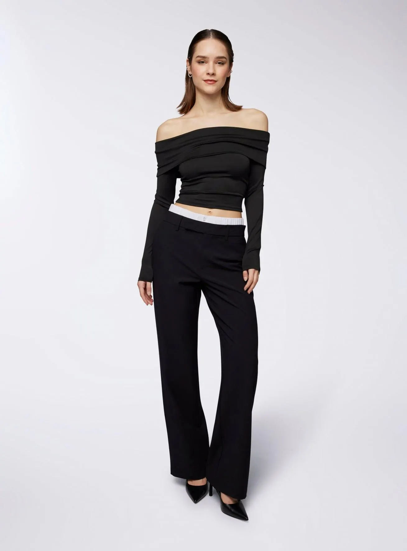 Pantaloni wide leg con fascia effetto boxer Nero