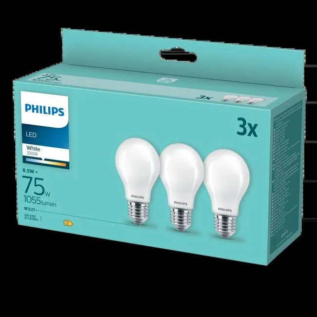 Set da 3 lampadine E27 goccia, opaco, luce naturale, 75W= 1055LM (equiv 75 W), 360°, PHILIPS