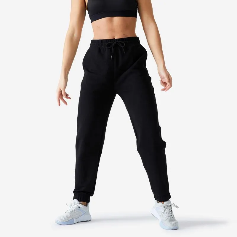 Pantaloni donna fitness ESSENTIALS 500 misto cotone neri