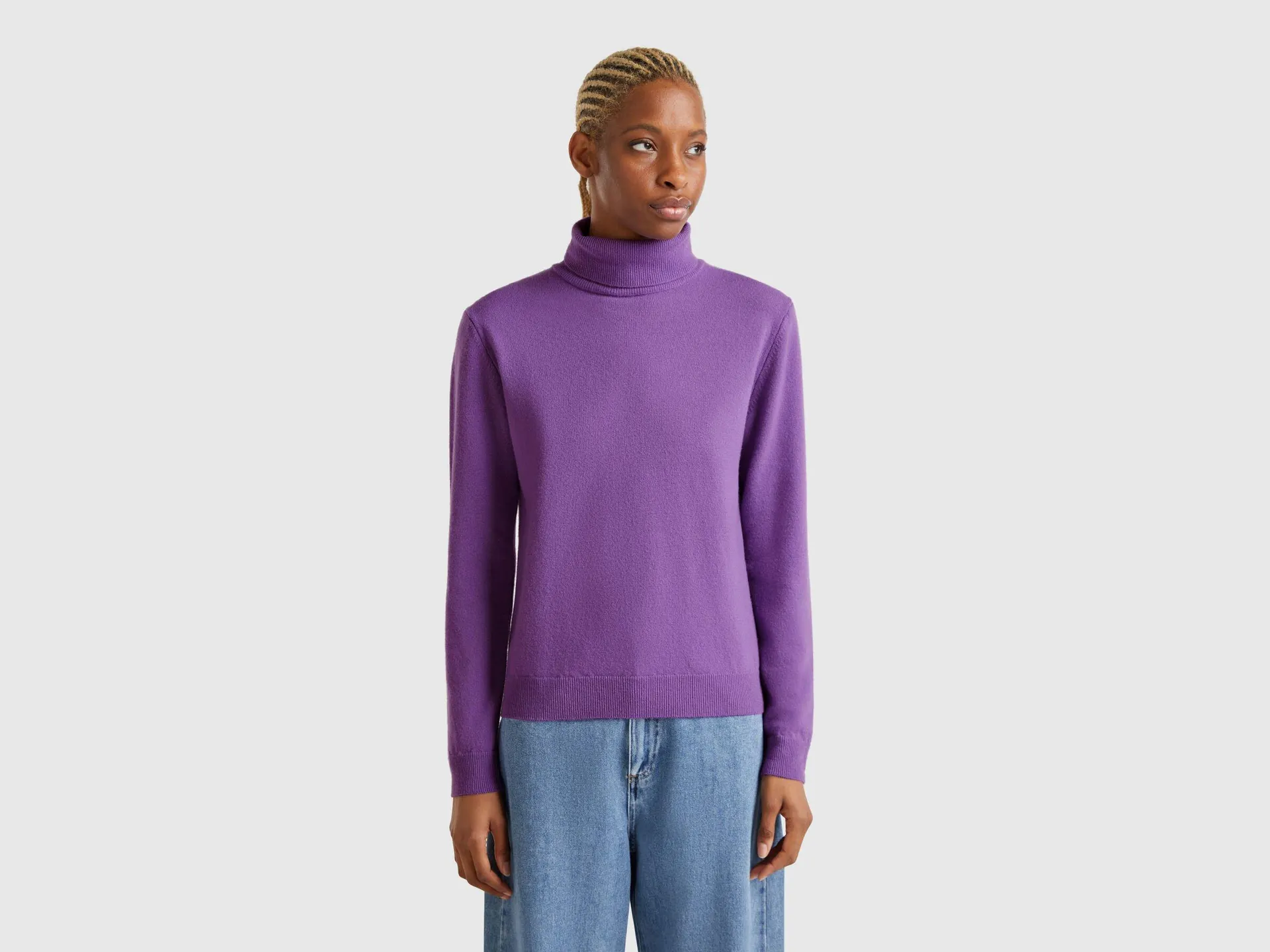Maglione dolcevita viola in pura lana Merino