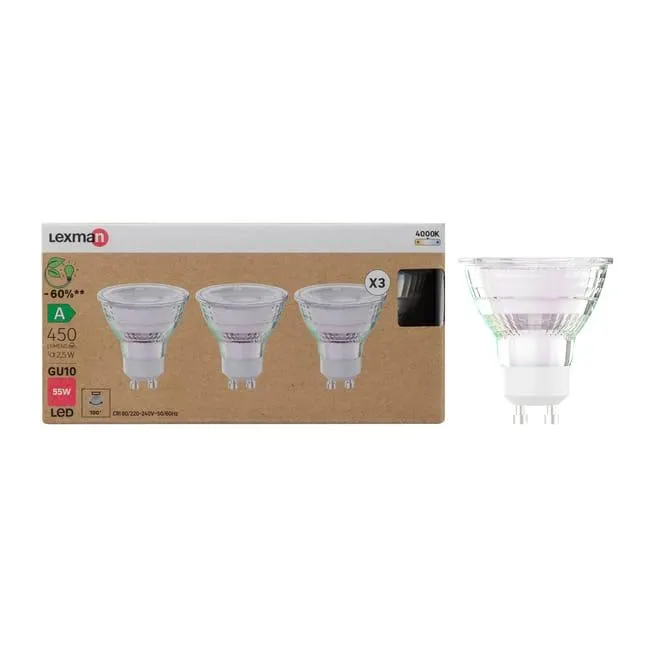 Set da 3 lampadine LED, GU10 bulbo, trasparente, luce naturale, 3W= 450 LM (equiv 55 W), classe energetica A, LEXMAN