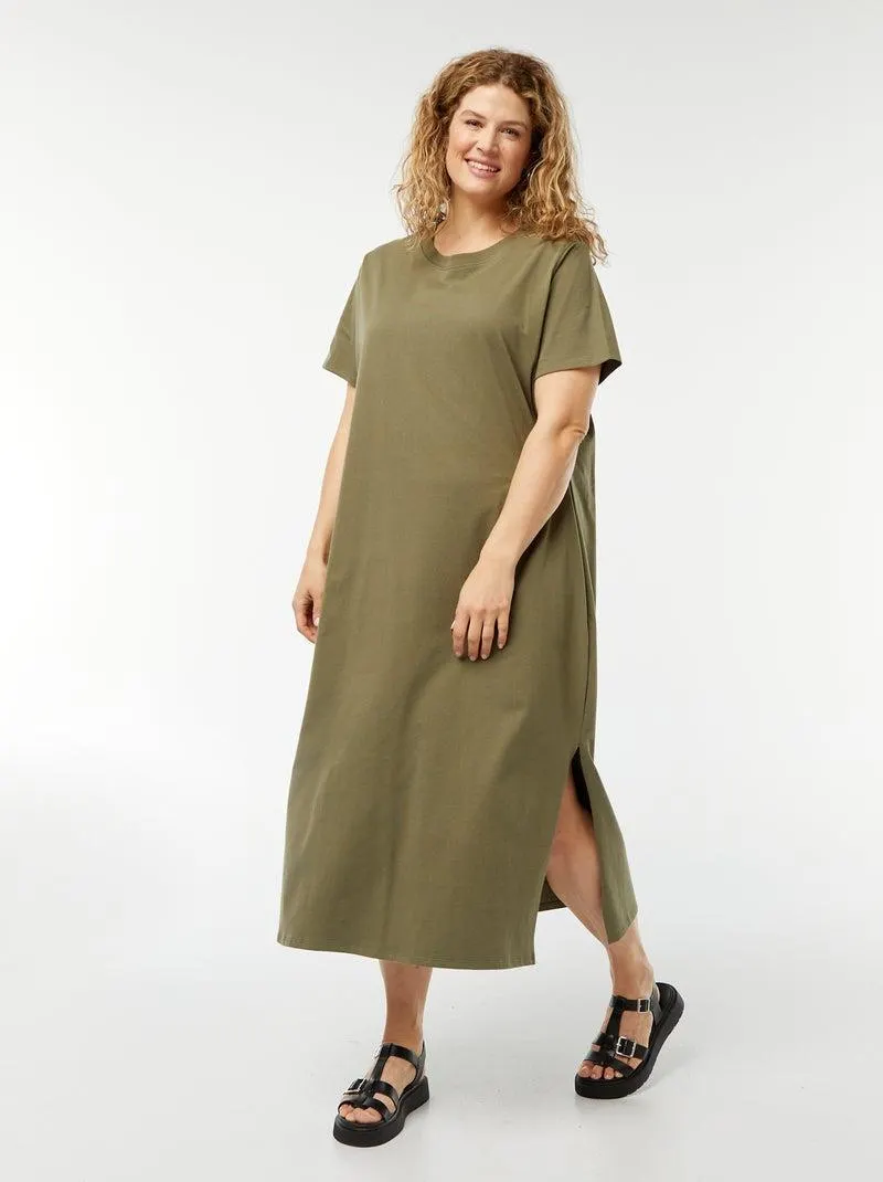 Maxi t-shirt lunga a maniche corte tinta unita - KAKI