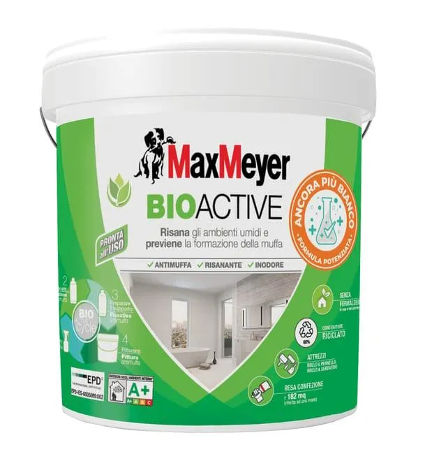 Pittura per interni per parete e soffitto, MAXMEYER Bioactive Antimuffa bianco opaco, 14 L