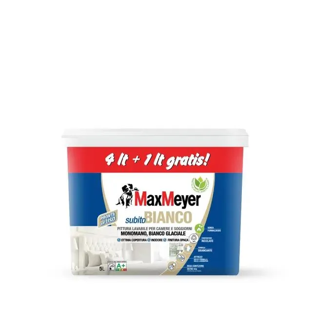 Pittura per interni lavabile, MAXMEYER Subito Bianco A+ bianco opaco, 5 L