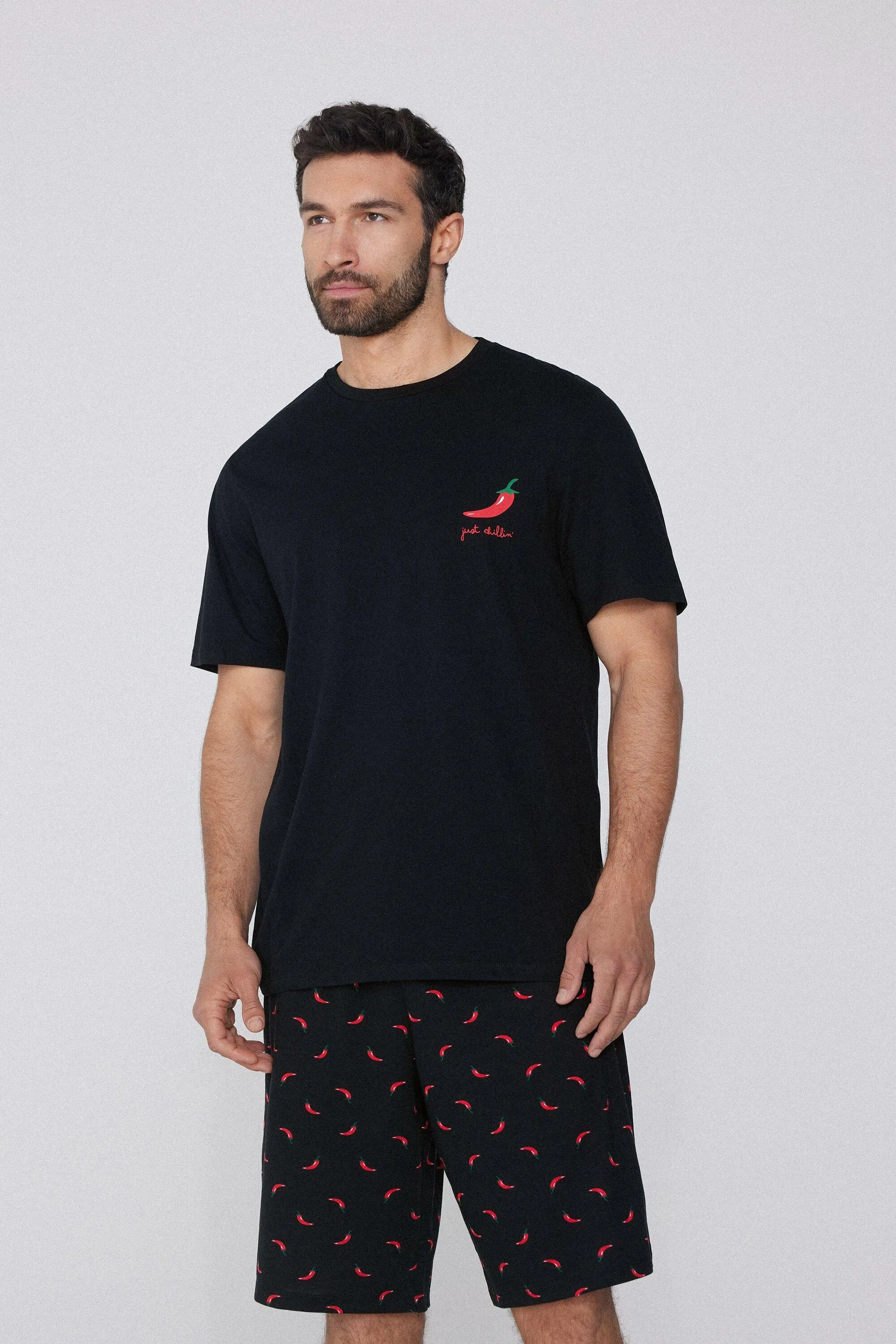 Pigiama Corto in Cotone con Stampa Peperoncini