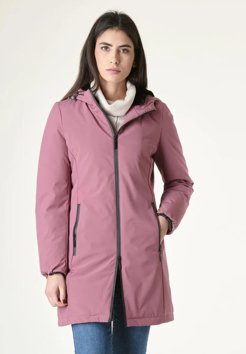 Piumino malva liscio lungo cappuccio