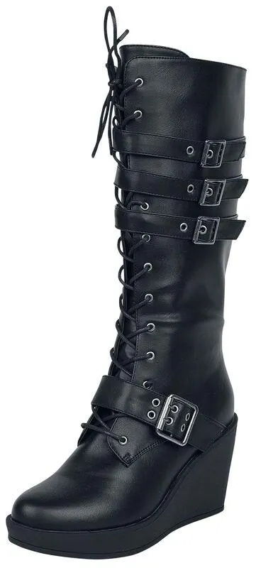Black Lace-Up Boots with Heel and Buckles