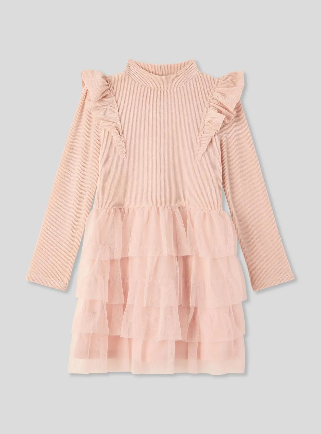 Vestito maniche lunghe con gonna a balze Rosa cipria