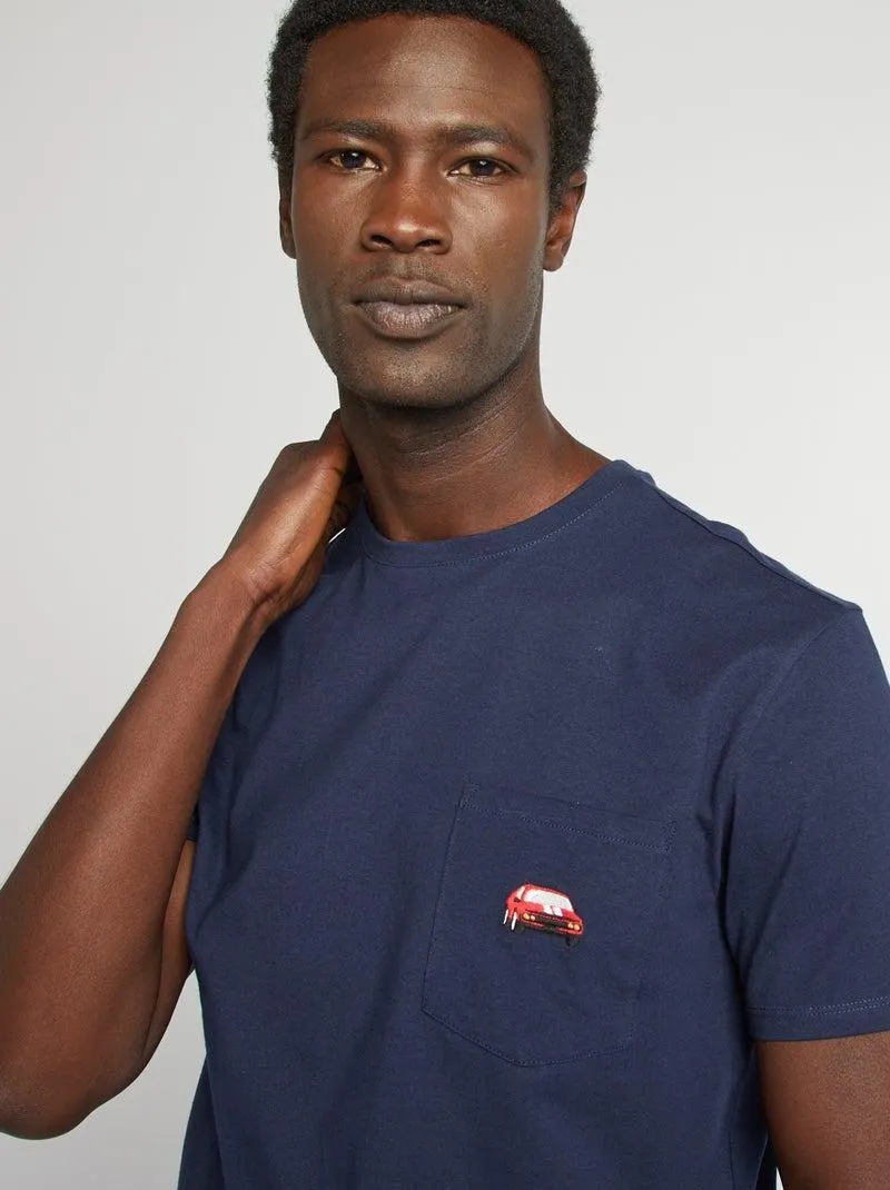 T-shirt a maniche corte con taschino sul petto e ricamo - BLU