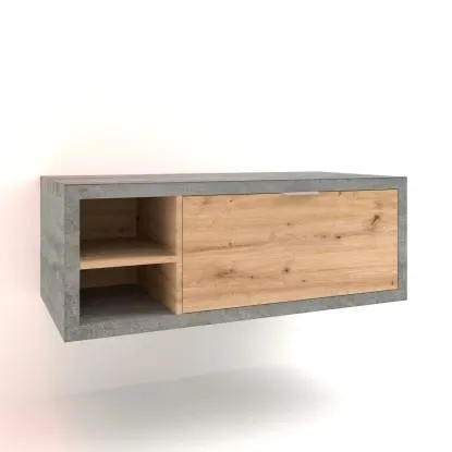 Mobile bagno base lavabo sospeso 110 cm cemento/rovere con mensola sx