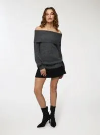 Maglia spalle scoperte tinta unita Grigio scuro melange