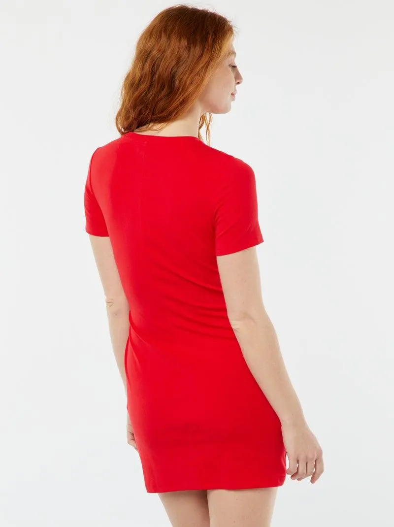 Vestito corto a maniche corte con effetto drappeggiato - Rosso