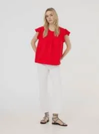 Blusa tinta unita a maniche corte Rosso