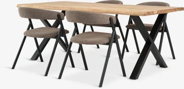 ROSLEV Tavolo L200 cm rovere natur + 4 HINDEVAD marr. chiaro