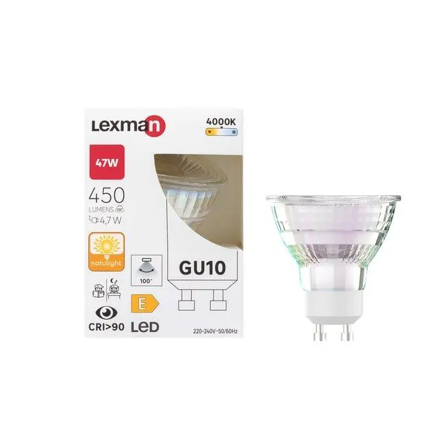 Lampadina LED, GU10 faretto, trasparente, luce naturale, 3.9W= 450 LM (equiv 47 W), 100°, LEXMAN