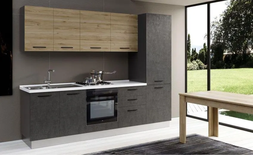 Gilda cucina 270 cm colore cemento scuro e rovere cadiz