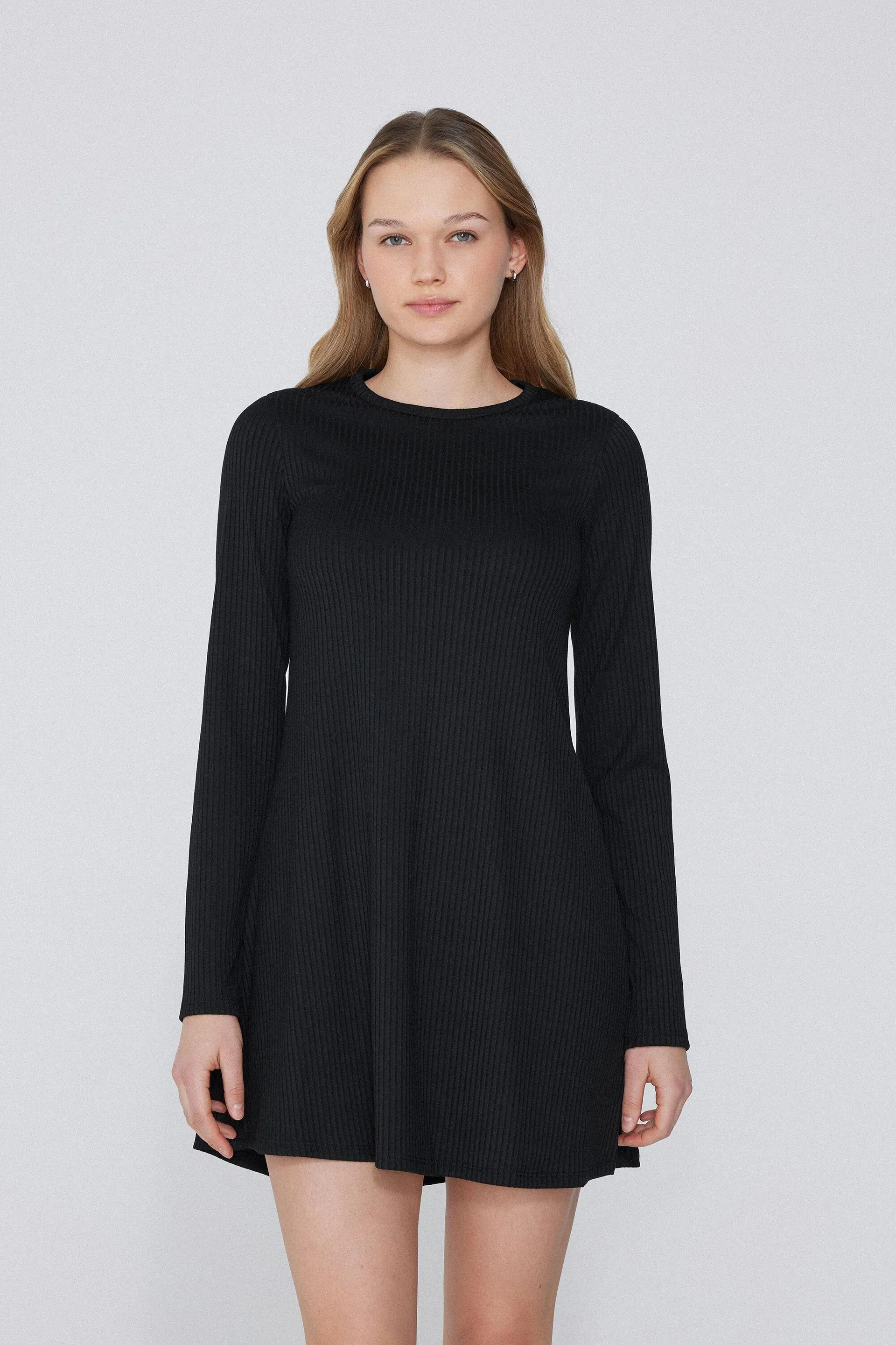 Vestito Corto Manica Lunga Girocollo Costine