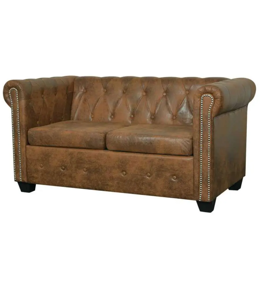 Divano Chersterfield a 2 Posti in Pelle Artificiale Marrone