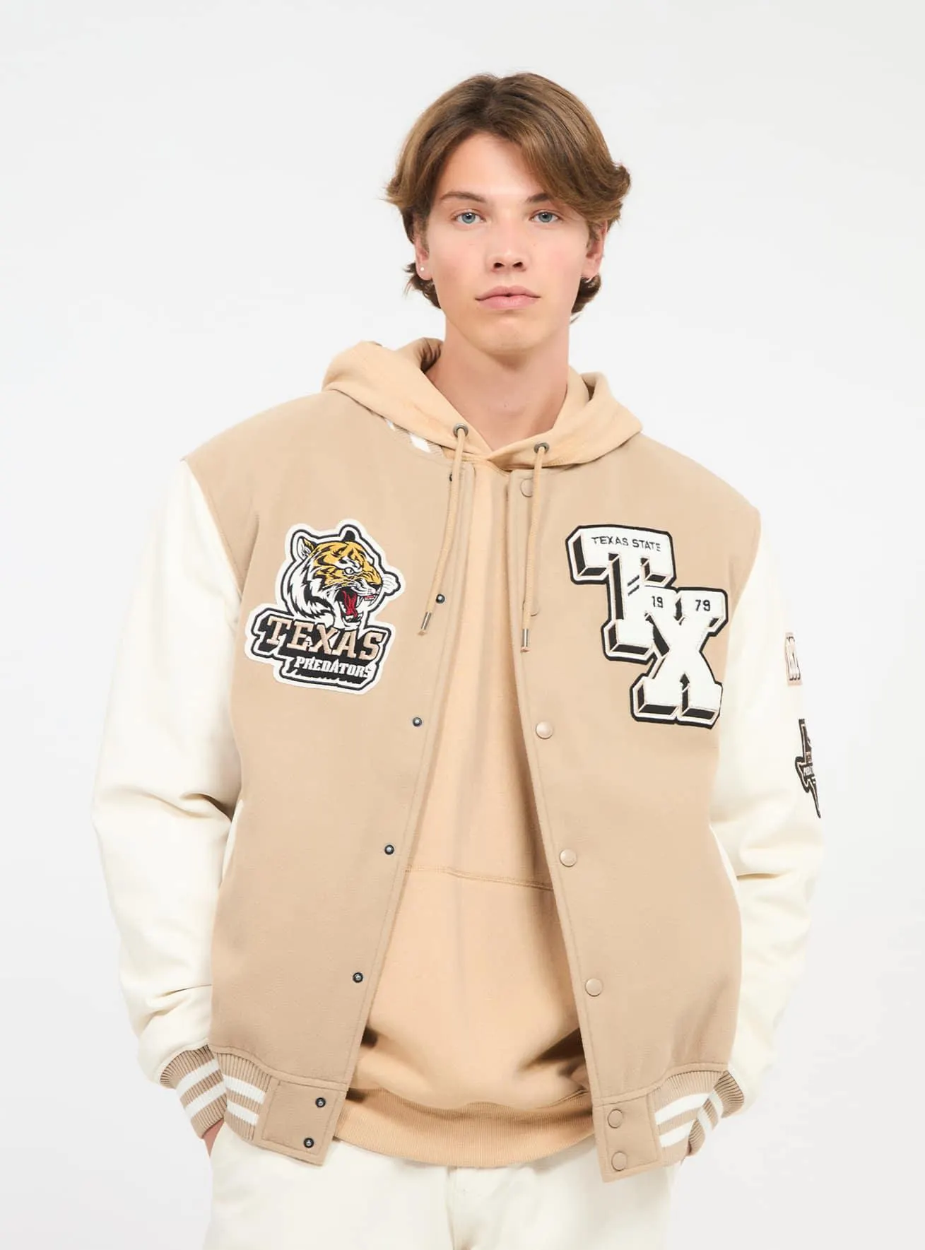Bomber college con stampa e scritte Beige chiaro