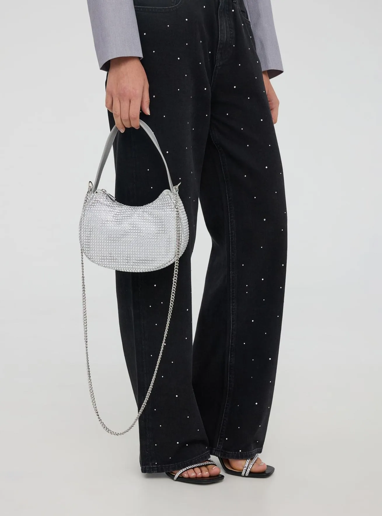 Borsa mezza luna con strass e tracolla Argento