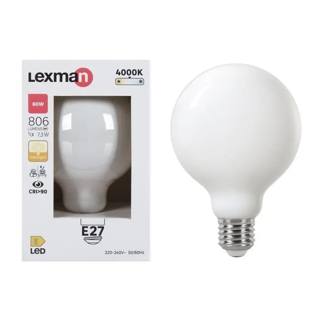 Lampadina LED, E27 globo, opaco, luce naturale, 7.3W= 806 LM (equiv 60 W), 330°, LEXMAN