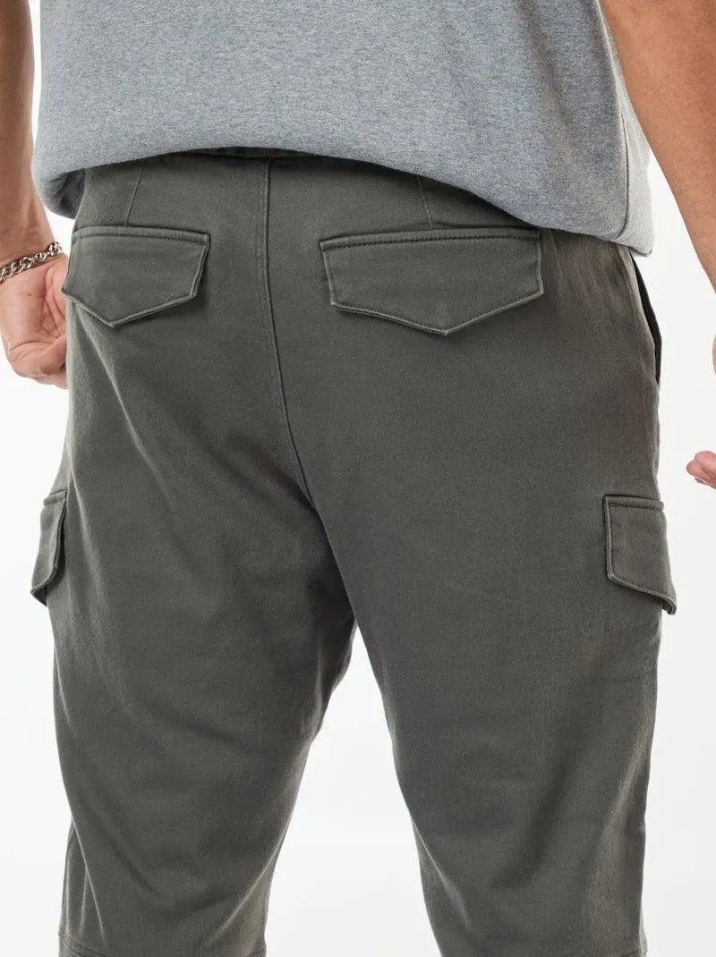 Pantaloni multitasche tinta unita con cintura elasticizzata - Kaki