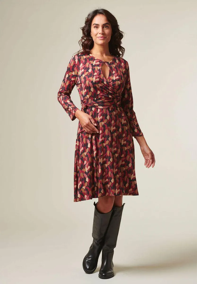 Vestito vinaccia-beige incrociato fantasia