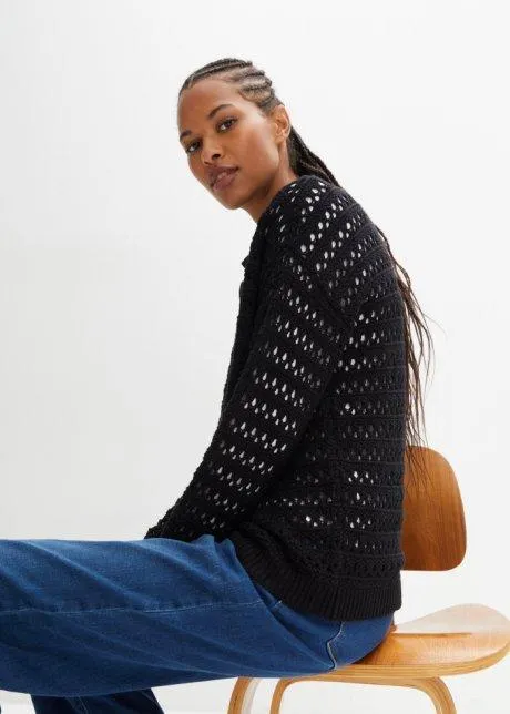 Cardigan traforato con colletto polo