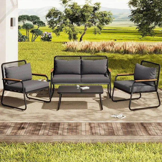 Set di mobili da giardino con struttura in ferro zincato, piano del tavolo in vetro temperato, gambe del tavolo regolabili con seduta e cuscini, nero