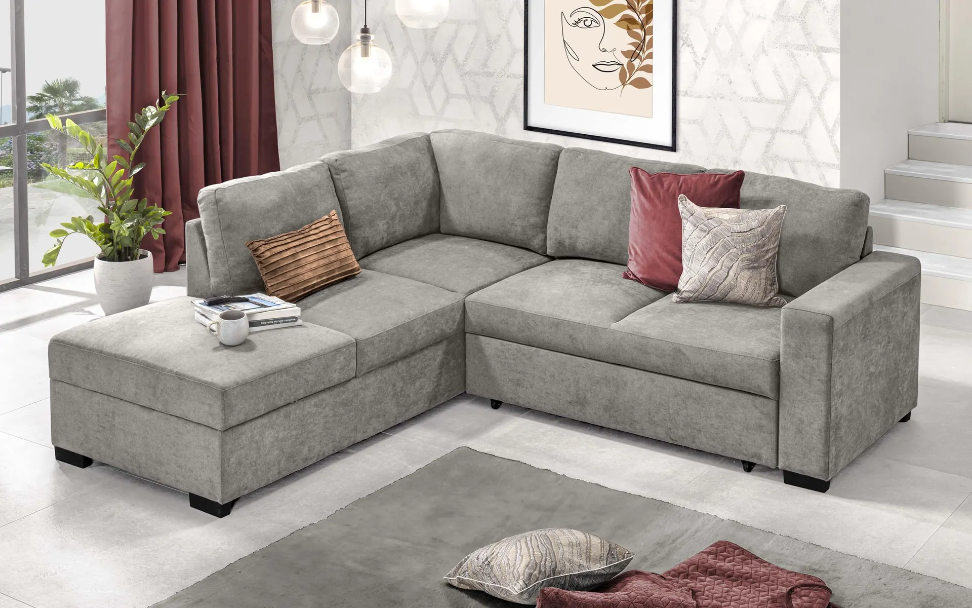 Divano letto angolare con pouf contenitore sinistro - meccanismo estraibile