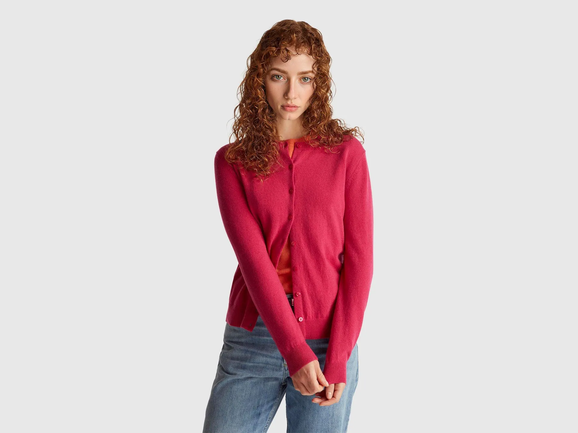 Cardigan girocollo fucsia in pura lana Merino