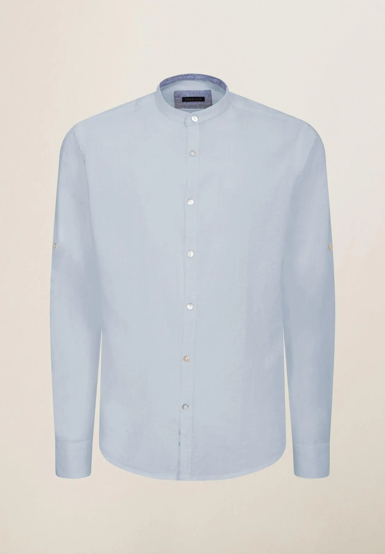 Camicia azzurra collo coreano cotone-lino slim fit