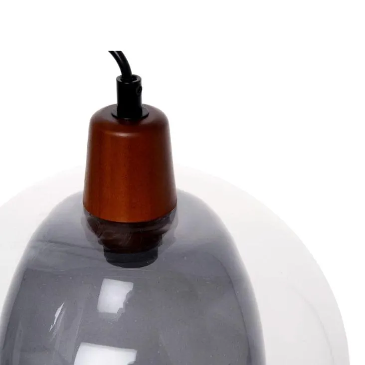 Lampada a sospensione doppia in vetro trasparente e colorato grigio antracite e legno di hevea