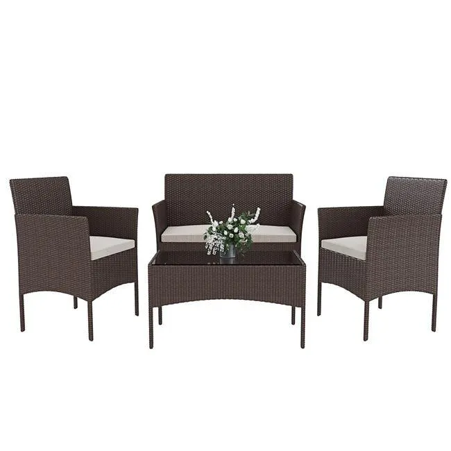 Set Di Mobili da Giardino Salotto Salottino in Rattan 4 Posti con Tavolino Ripiano In Vetro 2 Poltrone Divano 2 Posti Giardino Esterno Cuscini Marrone