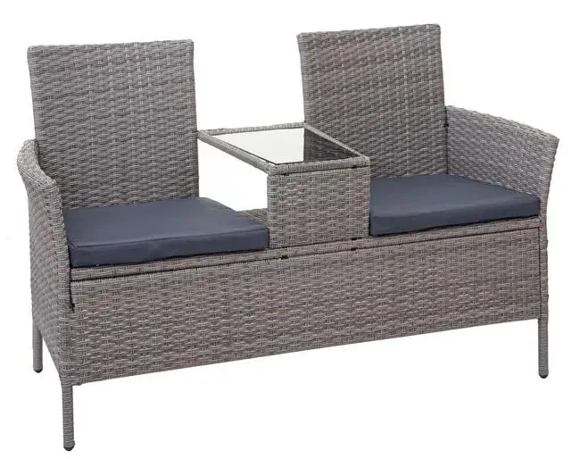 Divano sofa per l'esterno doppia seduta portavivande HWC-E24 polyrattan grigio cuscini grigio