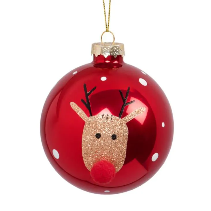 Pallina di Natale in vetro stampa renna con pompon rosso - Lotto di 6