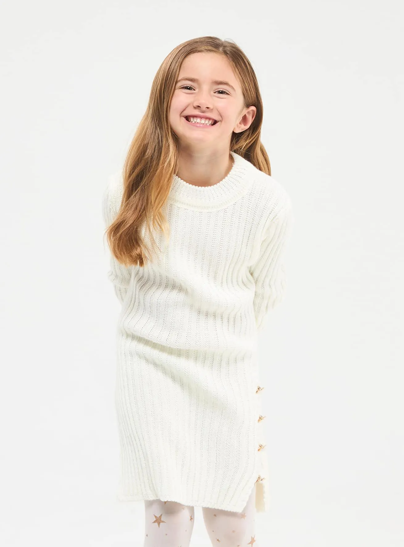 Vestito in maglia a costine con dettaglio bottoni Bianco