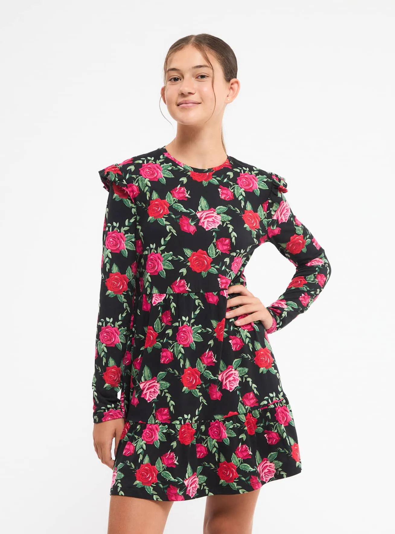 Vestito skater fantasia fiori Var nero