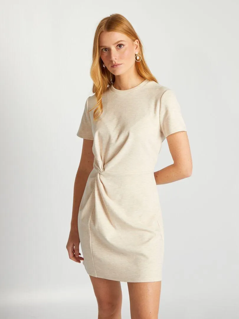 Vestito t-shirt tinta unita a coste - Beige