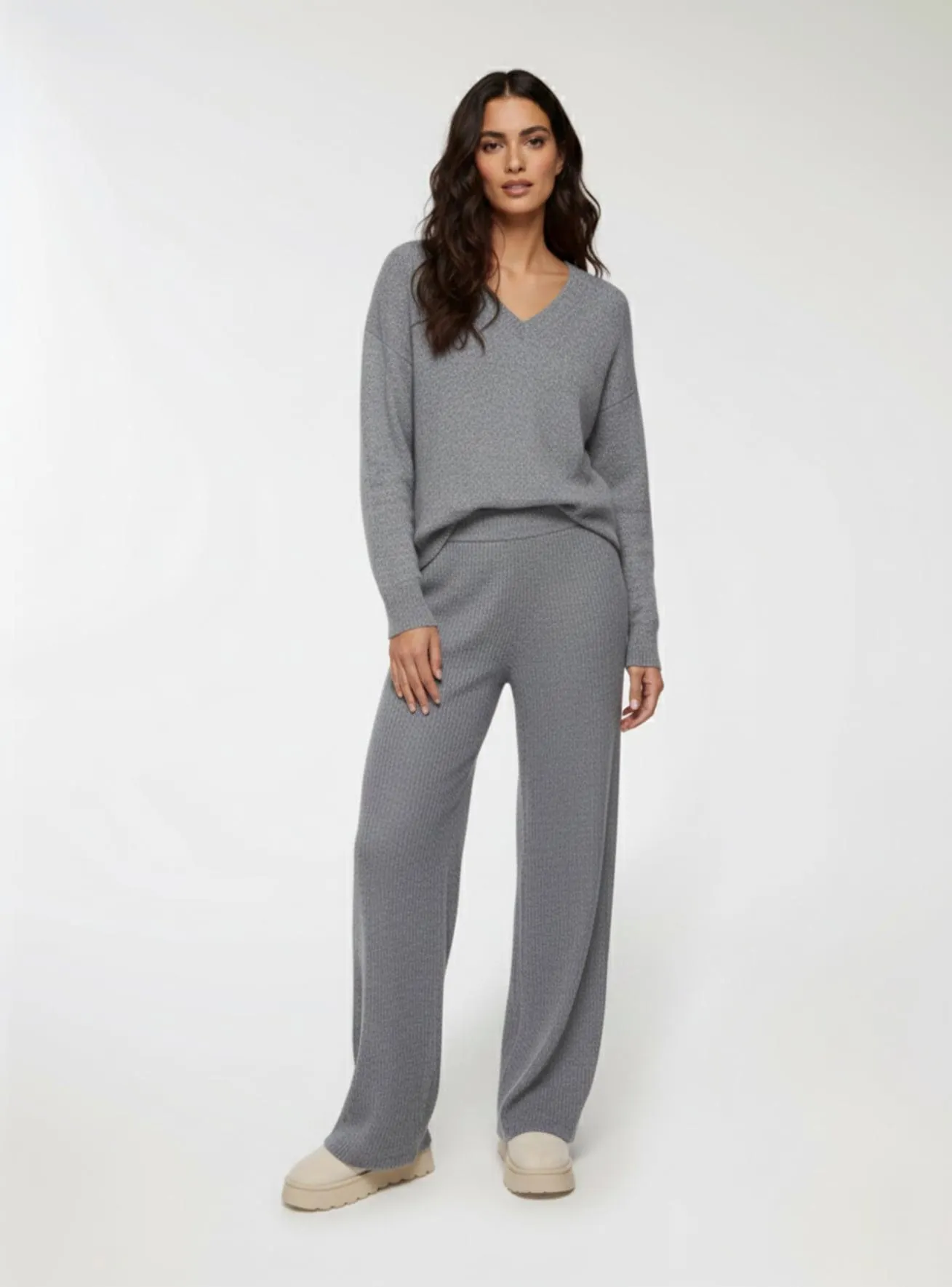 Pantaloni wide leg a coste tessuto caldo Grigio medio melange