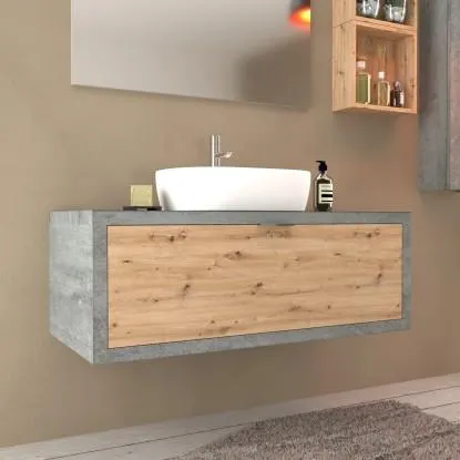 Mobile bagno base lavabo sospeso 110 cm cemento/rovere